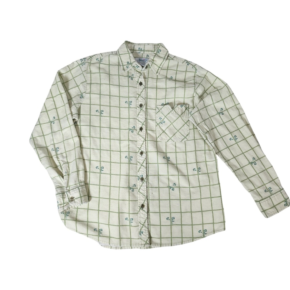 Vintage Haband Womens Large Green Grid Floral Button Up Shirt Long Sleeve Cotton